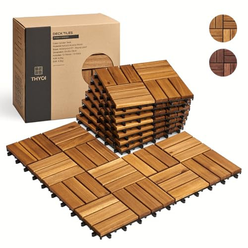 THYOI 10 Pcs Premium Acacia Wood Interlocking Deck Tiles (12 x 12), Deck Flooring Outdoor Waterproof All Weather, Tiles for Patio, decking for Indoor and Outdoor use (Golden Teak 12S, 10 Square Ft)