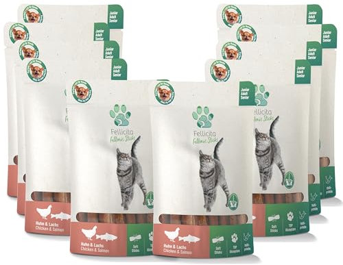 Fellicita Fellonis Katzensnacks Sticks Huhn und Lachs, softe Kaustangen, hoher Fleisch- und Fischanteil, 10 x 50g Paket, Multiprotein, getreidefrei