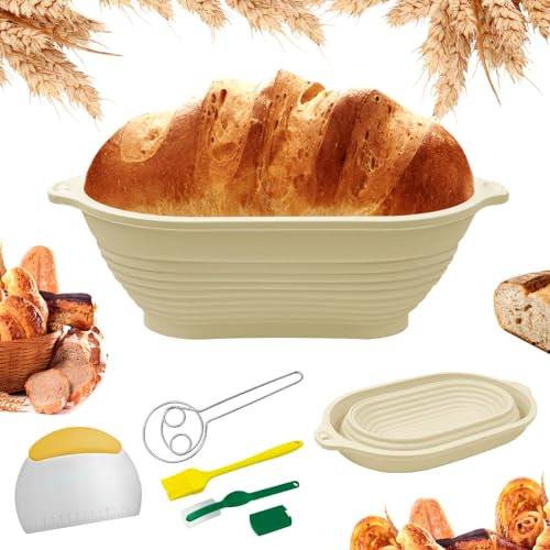 xyuayamz Cestino da Lievitazione Silicone, 29cm Ovali Cestino da Lievitazione pane con Tagliapasta, Pennello in Silicone, Frusta, Lame, Accessori per La Cottura Del Pane(5 Pezzi, Beige)