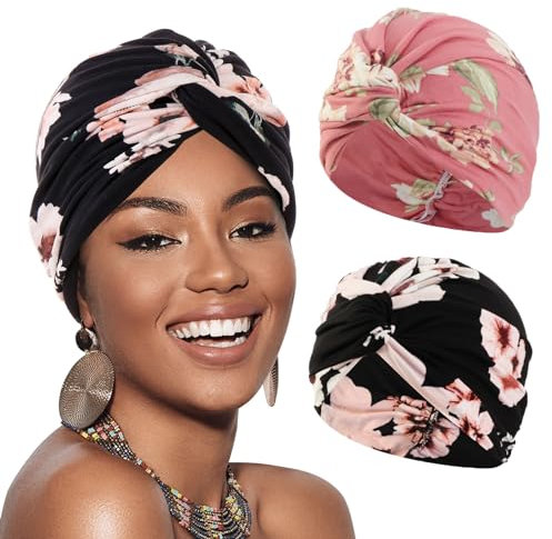 XEPST 2 Stücke Frauen Chemo Hüte Turban Damen Chemotherapie Krebs Hut Vorgebunden Beanie Kopfbedeckung Plissee Mütze Weich Turban Kopfwickel Kappe Haarausfall Hut für Frauen, Schwarz, Dunkelrosa
