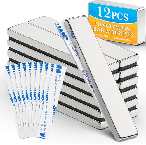 Grtard 12Pack Strong Neodymium Bar Magnets with Double-Sided Adhesive, Powerful Heavy Duty Rare Earth Magnet, Magnetic Strip for Fridge, Garage, Kitchen, Science, Craft, Office, DIY - 60x10x3mm