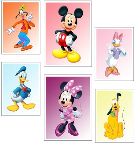 DKORARTE Set 6 cuadros base madera Decoración Salón Modernos, Dormitorios, Habitación, Infantil, Mickey, Daisy, Pluto, Goofy, Donald, Minnie con colgadores metálicos, (2x 38 x 29 cm ; 4x 29 x 20 cm)