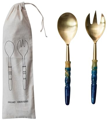 Creative Co-Op 2-Piece Stainless Steel Salad Servers, Gold Finish and Blue
