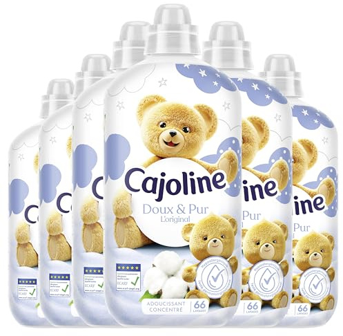 Cajoline Adoucissant linge liquide hypoallergénique L'Original Doux & Pur testé dermatologiquement adapté aux peaux sensibles et bébé ECARF - Lot de 6x66 lavages -1,386L