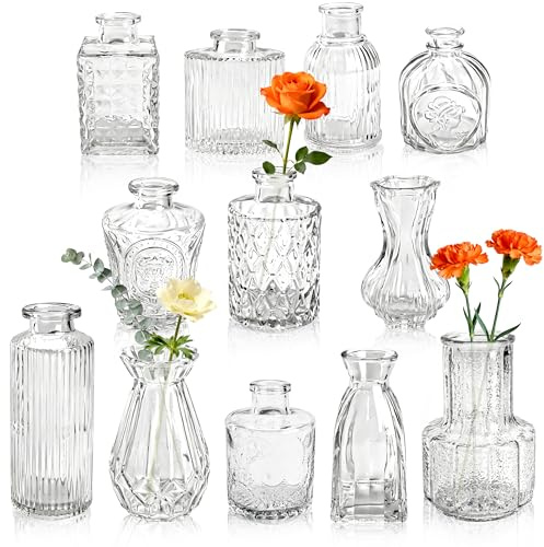 BTSD-home 12 Pack Glass Bud Vases for Wedding Centrepieces and Home Decor | Small Vase Clear High Clarity Glass Vintage Inspired Design Mixed Heights Display Reception Party Table Decor