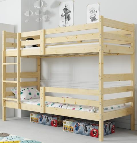 Interbeds Etagenbett Hochbett Stockbett Holzbett Jugendbett Natruholz mit Rausfallschutz Kiefernholz mit Lattenrost Kinderbett Rohholz (200x90)