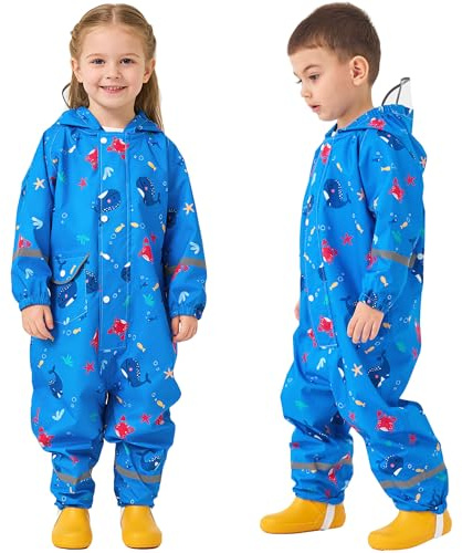 Fewlby Combinaison Imperméables Enfant, Combinaison de Pluie Filles Garçons Manteaux Imperméables à Capuche Poncho Imperméable Réutilisable Outdoor Vêtements de Pluie, 5-7 Ans Taille L