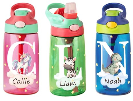 callie Personalized Forest Animal Kids Water Bottle 16 oz, Custom Leak Proof Lid Clear Sport Bottle with Silicone Straw for Boys Girls, Animal Gifts for Children