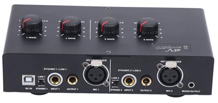 FLEXMAN Microphone Preamp, 2 Channel Input Output Microphone Amplifier, 48V Phantom Power Amplifier for Dynamic Condenser Mic Guitar