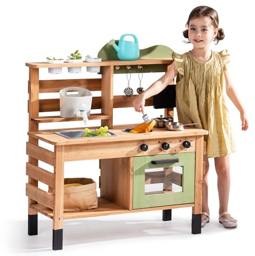 ROBOTIME Large Wooden Mud Kitchen with Working Tap for Kids Aged 3+