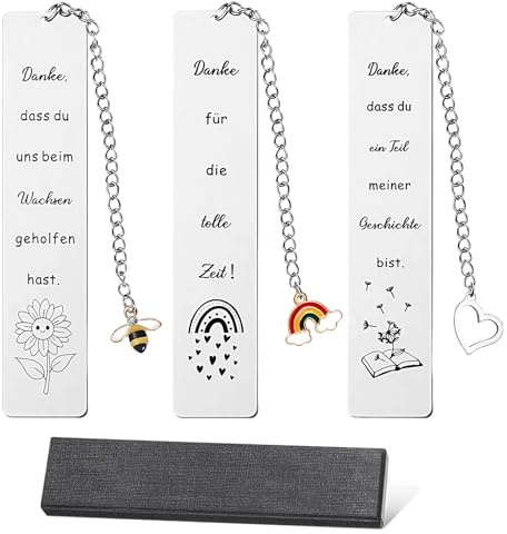 LUMOOM Lot de 3 marque-pages en métal - En acier inoxydable - Marque-page amusants et inspirants pour enseignante, éducatrice, amis, collègues - Avec boîte cadeau