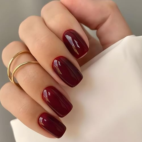 Ceboic 24 Pezzi Rosso Vino Premere sulle Unghie, French Corte Quadrate Press on Nails, Acrilico Copertura Completa Unghie Finte Adesive, Eleganti Riutilizzabili Unghie Artificiali per Donna Ragazza