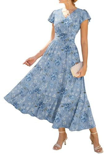 GRACE KARIN Robe midi à manches volants, col en V, pour femme, ligne A, fleur, avec poches, bleu, blanc, rose, L