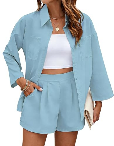 Rayson Completo Donna Casual 2 Pezzi Estivo Camicia a Maniche Corte con Bottoni e Pantaloncini Tuna Donna Abbigliamento Elegante Da Spiaggia Lavoro Vacanza(Azzurro cielo,M)
