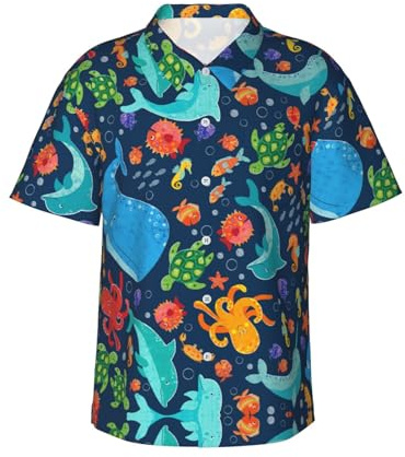 Havsval fisk bläckfisk Hawaiiansk skjorta för män sommar strand avslappnad kortärmad button down tropisk semester gåva, Svart, 3XL