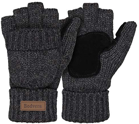 Bodvera Thermal Insulation Fingerless Texting Wool Gloves for Women and Men Winter Warm Knitted Convertible Mittens Flap