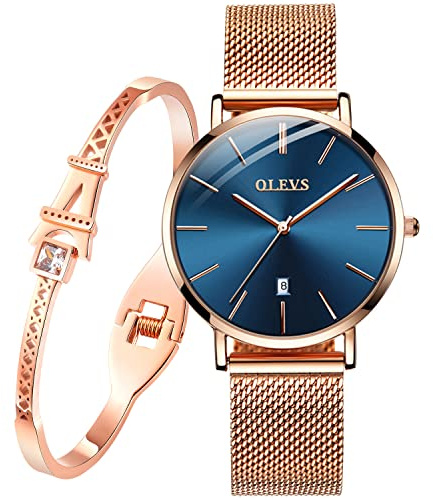 OLEVS Ultra Thin Minimalist Watches for Women and Bracelet Set Slim Casual Dress Navy Blue Dial Ladies Wrist Watch Waterproof with Mesh Band Rose Gold