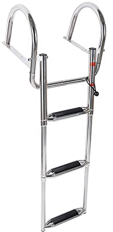 Amarine Made Stainless Steel in-Board 3 Steps Telescoping Ladder Folding Dock Ladder with Widen Curve Up Steps for Marine Boat Yacht Swimming Pool 550lbs Capacity