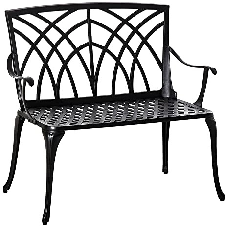 Outsunny 2-Seater Cast Aluminium Garden Bench Chair w/Ergonomic Armrest
