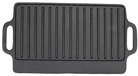Parrilla Reversible de Hierro Fundido, Plancha Reversible de Hierro Fundido Rectangular Presazonada con Asas para Estufa de Gas, Horno de Fuego Abierto, una Bandeja, Raspadores Incluidos(40x20CM)