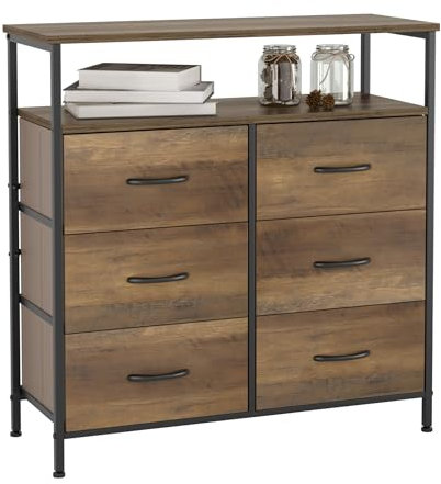 HOCSOK Kommode mit 6 Schubladen, Kommodenschrank Sideboard mit 2 Ablagen, Mehrzweckschränke für Wohnzimmer, Flur, Schlafzimmer, Vintagebraun, 80x30x82cm