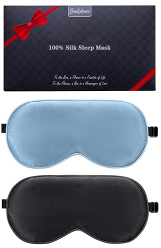 BeeVines Silkesögonmask i 100% siden, ljusblockerande ögonmasker (2 st.) | Naturligt, Sovmask för sömn, viktad ögonmask med justerbart band, ögonbindel för sömn, blockerar ljus, skugga för ögonen