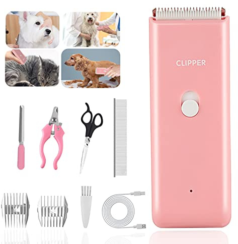 Dog Grooming Kit Electric Low Noise Pet Paw Trimmer with 9-Pieces, Pink | Cordless Dog Cat Clippers for Home Hair Grooming, Waterproof Pet Grooming Tools with 9-Pieces,R-Sharped Ceramic Blade,6000rpm