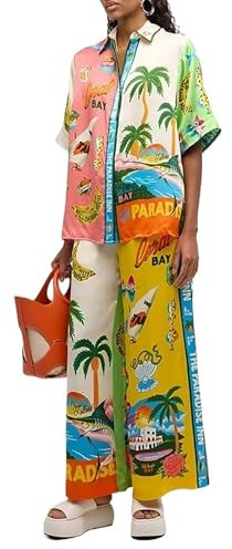 ABPWO Floral two piece sets for women, Casual Floral Fruit Print Short Sleeve Shirt Wide Leg Pants Holiday Hawaii Summer Beach Outfits(Size:Medium)