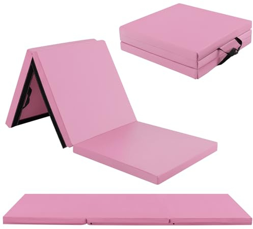 GOPLUS Tapis de Gymnastique Epais Pliable, 180x60x5 CM, 3 Plis&Poignée de Transporter, Tapis Gym avec Surface Pu, Crochet et Fermeture Auto-agrippante Combinaisonable, pour Enfant, Adulte (Rose Clair)