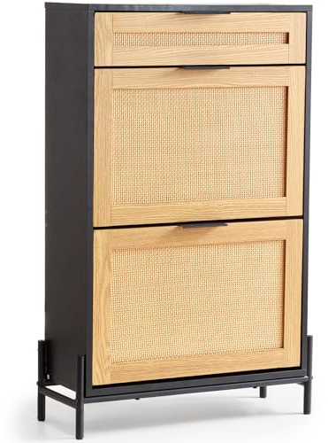 VEVOR Rattan Shoe Cabinet, Narrow Shoe Storage Organizer with 2 Flip Rattan Drawers & 1 Slide Drawer, Metal Legs, Slim Shoe Entryway Cabinet Ideal for Entryway, Closet, Hallway, Black