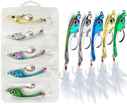 Yixinly 5 stycken jiggspinnare set 15 g i betesbox, fiske metallsked bete spinnare med huvud i bly för abborre gädda gös, fiskedrag för söt- och saltvatten (5 färger)