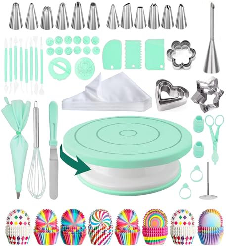 Jemkgeik Kit Patisserie,Plateau Tournant Patisserie,Patisserie Accessoire,Ustensiles à Pâtisserie Inclure Plateau Tournant, Poche a Douille, Decoration Gateau Anniversaire (Vert)