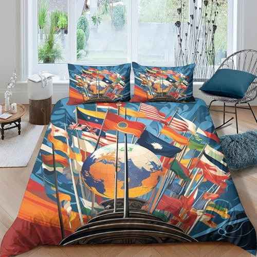 Bettwäsche-Set Reißverschluss Bettbezug 3D Drucken Kind Länderflaggen Der Welt 155X220 cm 3 Teilig Bettbezüge Mikrofaser Weich Atmungsaktive Reißverschluss Schlafzimmer Mädchen J-5601095702449890000