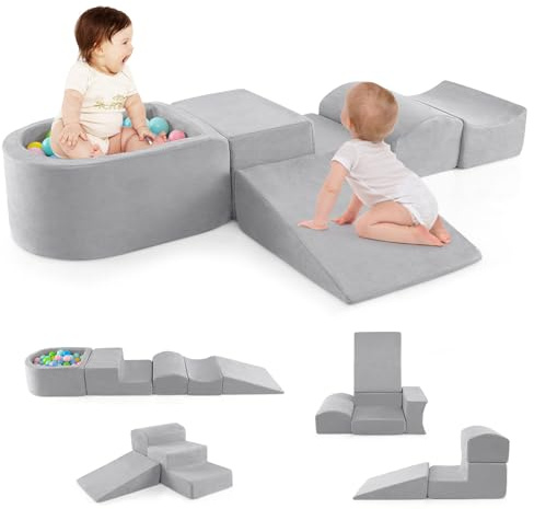 GOPLUS Bloques de Escalada de Espuma con Piscina de Pelotas, 5 Juguetes y Bloques de Escalada con Funda de Tela Suede, Espuma de Alta Densidad, Actividad de Juego Blando para Trepar (Gris)