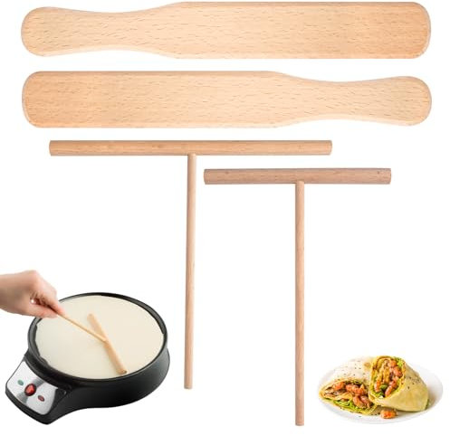 4 Pezzi 12 cm/18 cm Legno di Faggio Stendi Crepes, Set per Spatole e Spalmare Crêpe, Spatola Accessori per Spalmare Crêpe a Forma di T, Strumenti di Cottura per Pancake e Frittelle Sottili