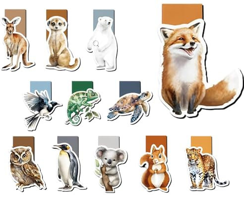 Keratobleem Magnetische Lesezeichen, 12 Stück Niedliche Tiere, Magnetische Seitenmarkierungen für Studenten Jungen Mädchen Buchliebhaber
