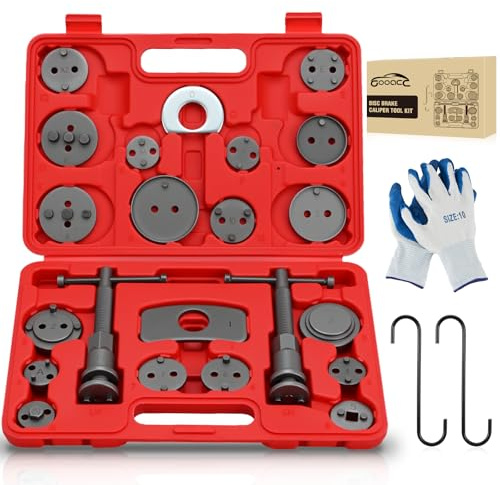 GOOACC 22pcs Disc Brake Caliper Compression Tool Set, Caliper Piston Rewind Compressor Tool with Brake Caliper Hangers & Gloves for Brake Pad Replacement Reset Brake Tools Caliper Press Tool Kit, Red