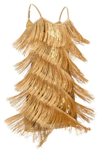 EFOGEP Girls Latin Dance Sequins Fringe Flapper Dress | Layered Tassel Fringe Design with Sequin Sparkle Ideal for Ballroom, Jazz Dance and Stage Performances