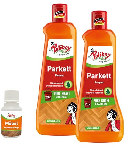 POLIBOY Parkett Reiniger - Pflegendes Reinigungsmittel für Holzböden - Reinigungskonzentrat mit natürlichem Avocadoöl - 2x 500 ml - inkl. Produktprobe - Made in Germany