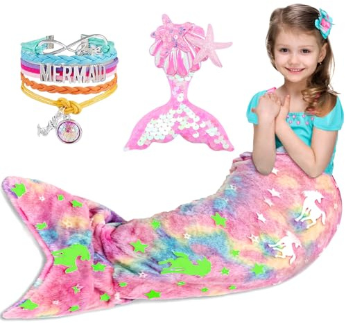 SACBRZZ Manta Sirena Niña, Brilla En La Oscuridad Manta Cola De Sirena,Forro Polar De Franela,Arcoíris,con Pulsera De Horquilla De Lentejuelas,Saco De Dormir De Sirenas Regalo De Cumpleaños,140x60cm