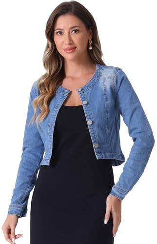 Allegra K Veste en jean boléro pour femme - Col court - Élégante boutonnière - Crop Denim, bleu clair, M