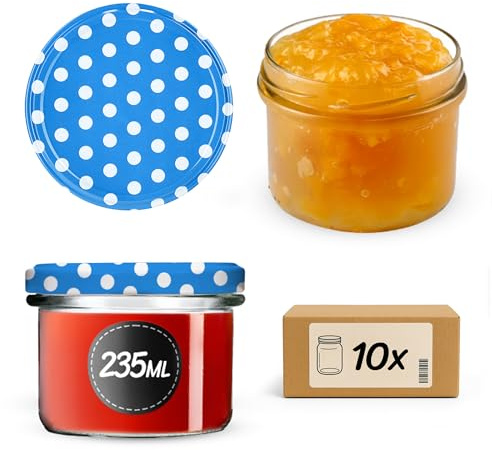 KADAX Tarros de conservas de 235 ml con tapa de rosca fi82 mm, pequeños tarros de mermelada con tapa, tarros de rosca para mermelada y miel, tarros de cristal (lunares azules, 10 unidades)