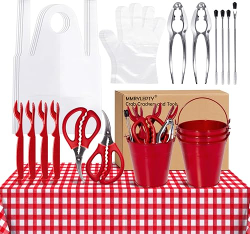 25 Pcs Seafood Tools Set, Crab Crackers and Accessories with Metal Bucket Crab Scissors Shellfish Forks Bibs Gloves and Tablecloth for Seafood Boil Party Supplies Festival Summer BBQ Picnic Birthday