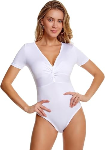 KOEMCY Body Donna Maniche Corte con Scollo a V Bodysuit Elegante s Modellante Contenitivo Outfit Estivi versatile Morbido Aderente Comodo(Bianco/XL)