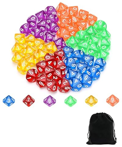 LOZTBUE 60 Pcs Dados Poliedricos D10 de 10 Caras, Dados Acrilicos para D&D/RPG/MTG Juegos de Mesa, con 1 Bolsa de Almacenamiento