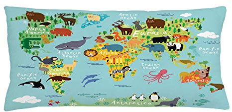 ABAKUHAUS Dibujos Animados Funda para Almohadón, Mapa del Mundo Animal, Decorativo, Estampado en Ambos Lados, 40 x 90 cm, Azul Pálido Amarillo Verde