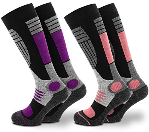 Occulto 2 Paar DAMEN SKISOCKEN mit POLSTERUNG in verschiedenen Farben, THERMO WINTERSOCKEN für SKI und SNOWBOARD 1 Paar Lila | 1 Paar Pink 35-38