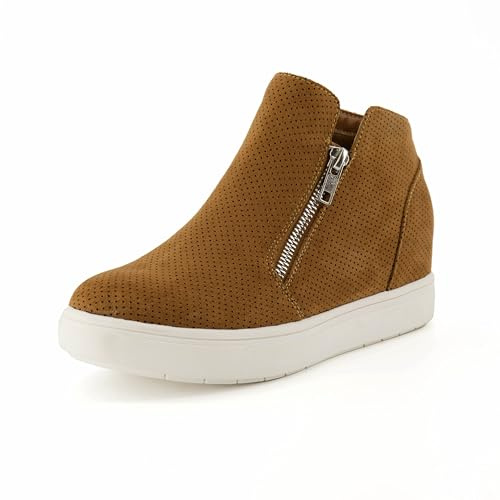 CUSHIONAIRE Hart Womens Casual Shoes with Dual Zippers- Lightweight Hidden Wedge Fashion Sneakers for Women, Cognac 6.5W