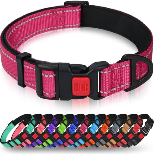 Taglory Hundehalsband, Weich Gepolstertes Neopren Nylon Hunde Halsband für Welpen, Verstellbare und Reflektierend für das Training, Hot Pink