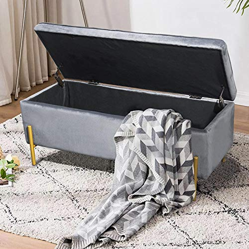 BAKAJI Baúl de Almacenamiento con reposapiés para Dormitorio, Banco de Madera, Revestimiento de Tela de Terciopelo, Asiento abatible Acolchado, Patas Doradas (Gris)